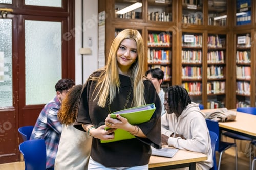 Preview: Smiling female student holding a folder in library