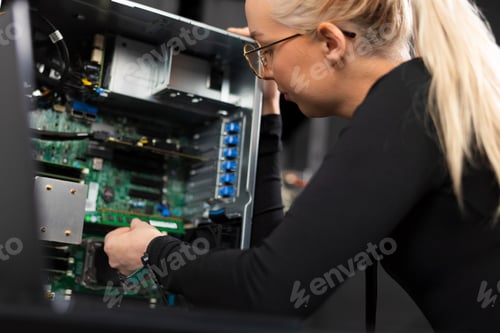 Preview: Female IT technician upgrades and repairs server hardware in a data center, focused on diagnostics a