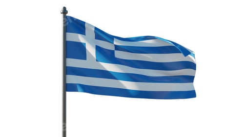 Preview: Greek national flag fluttering proudly on tall flagpole under bright clear blue sky