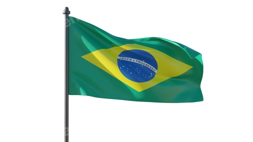 Preview: Brazilian national flag waving on flagpole against clear bright sky in daylight breeze