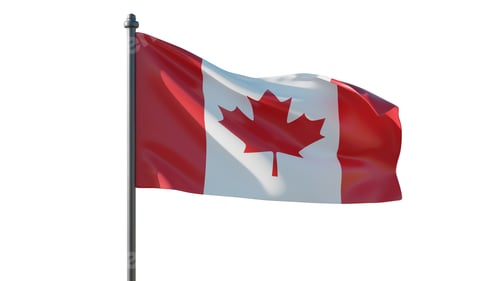Preview: Canadian national flag with red maple leaf waving proudly under bright daylight sky