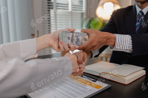 Preview: Legal corruption and bribery concept showing illicit cash exchange during contract negotiation in a
