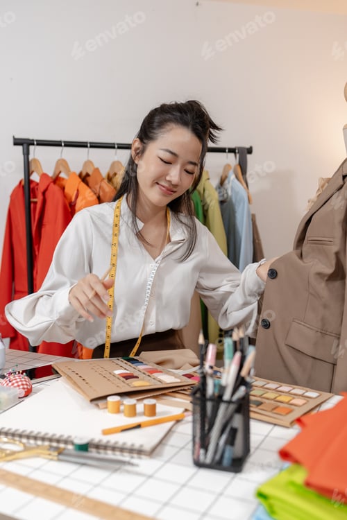 Preview: Fashion designer selecting colors and evaluating garment design on mannequin while developing clothi
