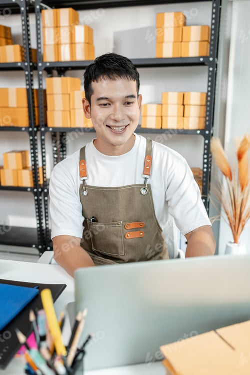 Preview: Entrepreneur in ecommerce startup preparing goods for online selling, reflecting small business oper