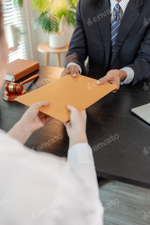 Preview: Professional legal consultation meeting between lawyer and client in office, discussing case documen
