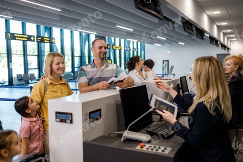 Preview: Family checks in at airport counter during busy travel day