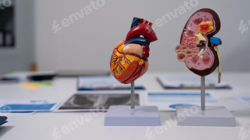 Preview: Medical anatomy models of a human heart and kidney on stands on a desk with blurred documents, clini