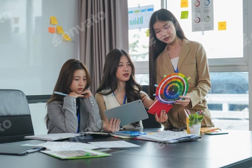 Preview: Group of Business People Collaborating New Project in Office Asian Business Woman Team Meeting Discu