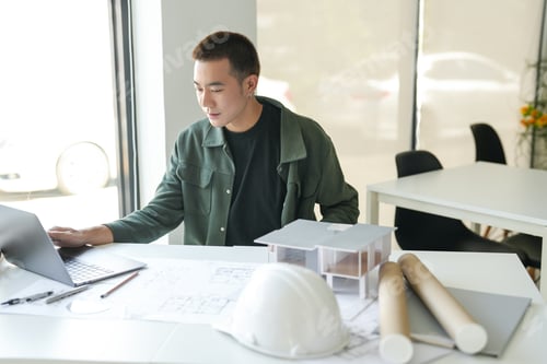 Preview: Architecture interior Man Creative project plan designer house model and drawing interior on bluepri