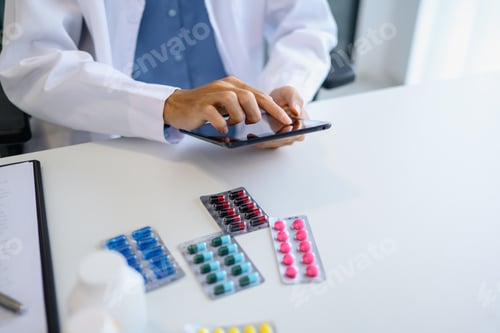Preview: Pharmacist using digital tablet and AI system for medication management using technology and AI inno