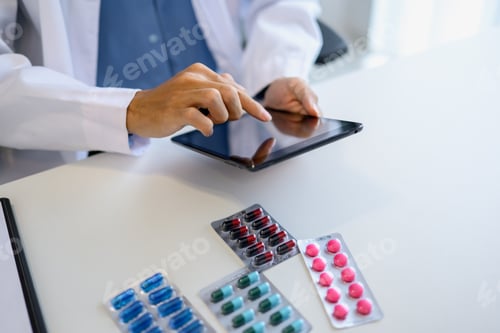 Preview: Pharmacist using digital tablet and AI system for medication management using technology and AI inno