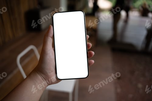 Preview: Smart phone mockup. Women hands holding cell telephone blank copy space screen smartphone blank whit