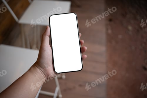 Preview: Smart phone mockup. Women hands holding cell telephone blank copy space screen smartphone blank whit
