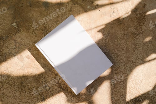 Preview: Empty Book Cover Mockup on Tile Stone Floor or Pavement Outdoors, Botanical Shadow Overlay