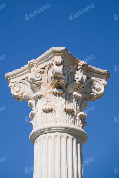 Preview: White ionic roman pillar on blue sky background