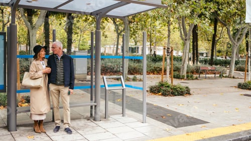 Preview: Older man and woman standing together, waiting for public transportation at a bus stop