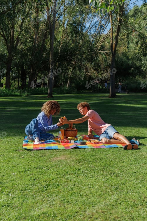 Preview: Young diverse couple enjoying a refreshing drink during summer picnic in a park
