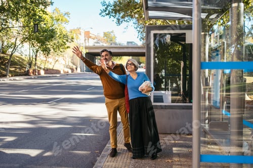 Preview: Senior couple waving for bus at city stop