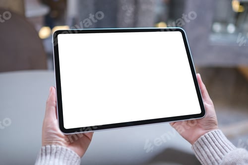 Preview: Mockup image of a woman holding digital tablet with blank white desktop screen