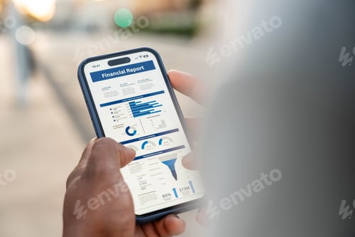 Preview: Human hands holding phone displaying financial report for business analytics