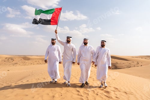 Preview: Emirati men carrying flag walking in dubai desert