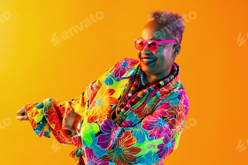 Preview: Senior woman dancing with vibrant floral fashion and pink sunglasses