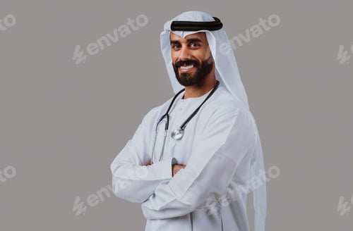 Preview: Arab doctor wearing traditional clothing and stethoscope