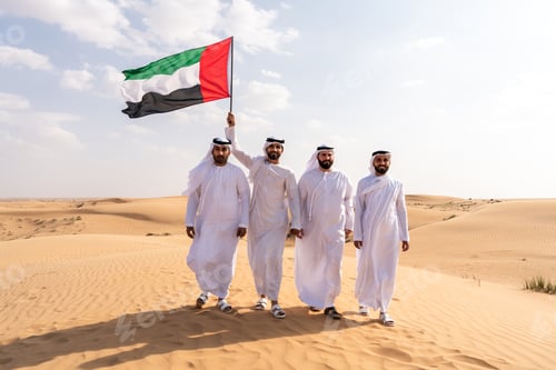 Preview: Emirati men proudly carrying flag walking in desert