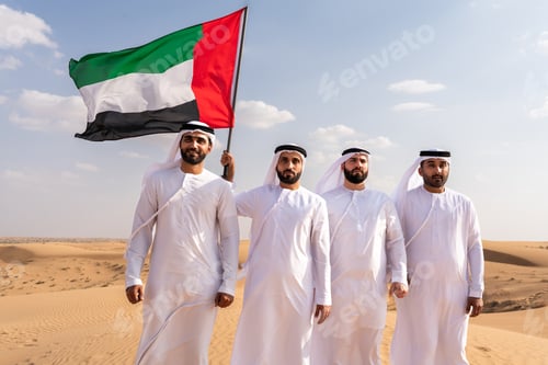 Preview: Emirati men carrying uae flag in dubai desert celebrating patriotism