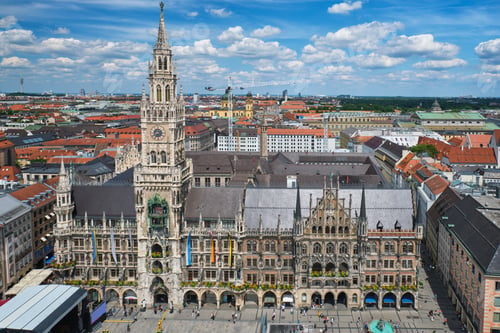 Preview: Gothic New Town Hall and city skyline aerial perspective Munich Germany