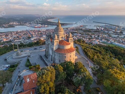 Preview: Santa Luzia Basilica aerial view over Viana do Castelo at sunset, Portugal.
