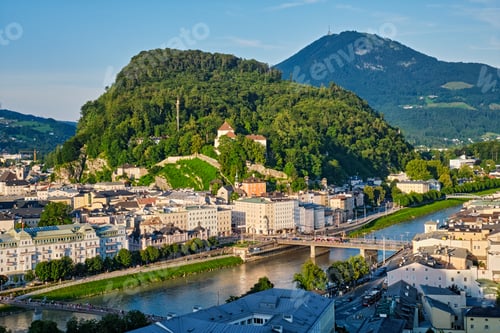 Preview: Salzburg city view across Salzach river towards Kapuzinerberg