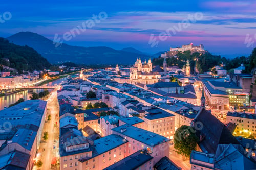 Preview: Salzburg Cityscape with Hohensalzburg Fortress and Cathedral at Night