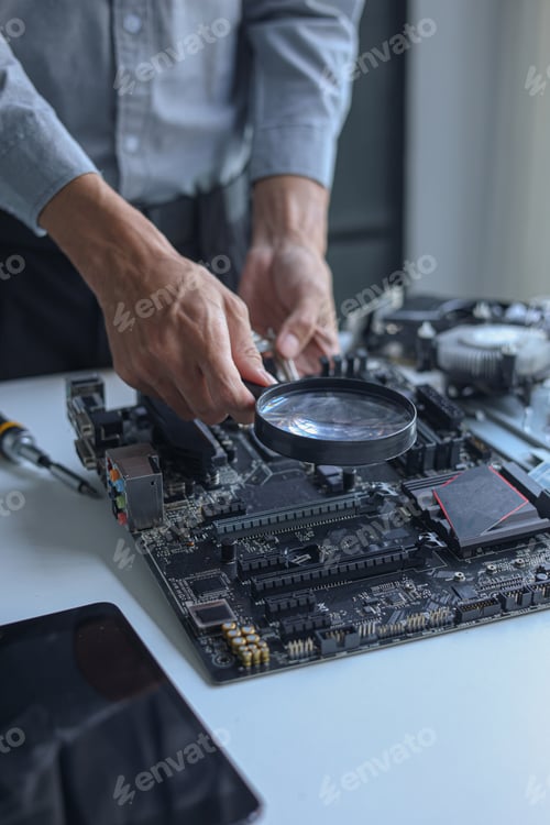 Preview: Close up of electronic technician hands working on computer hardware and mainboard repair.