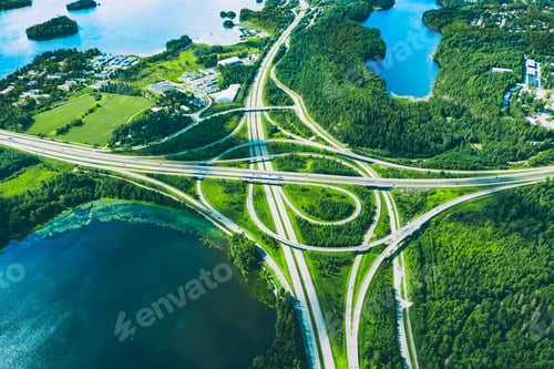 Preview: Aerial View of Interconnected Highways Surrounding Lush Green Lakes and Scenic Landscapes