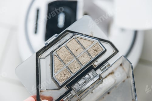 Preview: Extreme Close Up of Dirty Robot Vacuum Filter and Dustbin
