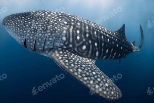 Preview: Whale shark underwater in blue water, close up