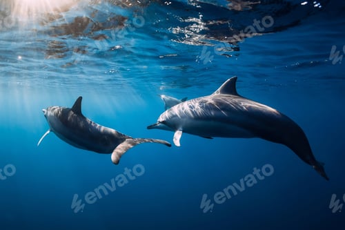 Preview: Family of Spinner dolphins in tropical ocean with sunlight. Dolphins in underwater