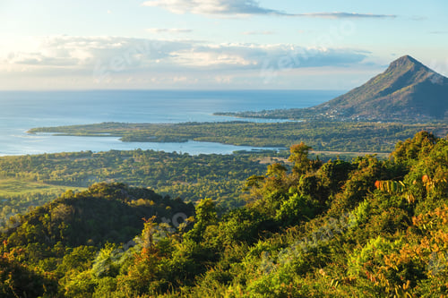 Preview: View of the mountain, ocean and Tamarin in evening. Mauritius.