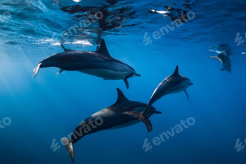 Preview: Family of Spinner dolphins in tropical ocean with sunlight. Dolphins in underwater