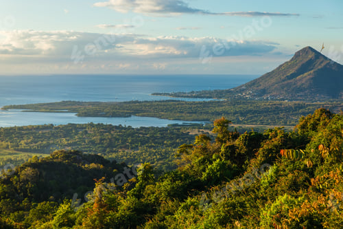 Preview: View of mountain, ocean and Tamarin in Mauritius.