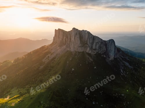 Preview: Aerial view of national park Bolshoy Tkhach mountain in Caucasus with sunset tones