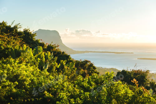 Preview: View of the mountain of Le Morne Brabant and lagoon in Mauritius.