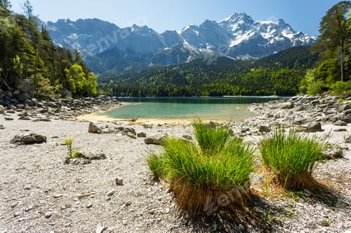 Preview: Travel landscape of Eibsee lake and Zugspitze Alps in Bavaria Germany, scenic summer nature panorama