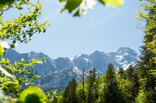 Preview: Travel landscape of Zugspitze mountain in Alps in Bavaria, Germany, scenic summer nature panorama wi