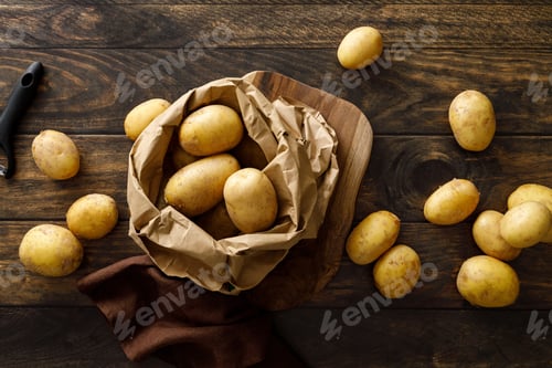 Preview: Fresh raw whole potatoes on rustic wooden table, top view