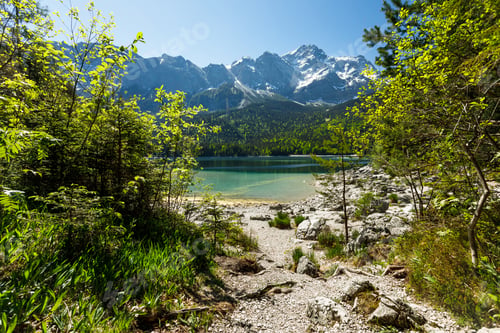 Preview: Travel landscape of Eibsee lake and Zugspitze Alps in Bavaria Germany, scenic summer nature panorama