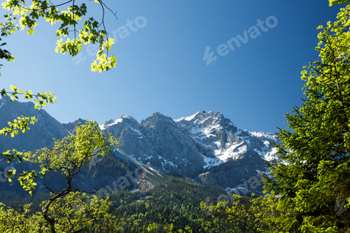 Preview: Travel landscape of Zugspitze mountain peak in Alps in Bavaria, Germany, scenic summer nature panor
