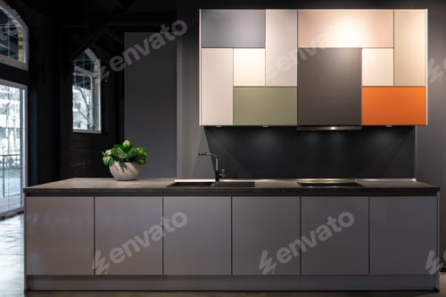 Preview: Modern kitchen interior with colorful cabinets and sink. Minimal kitchen furniture design.