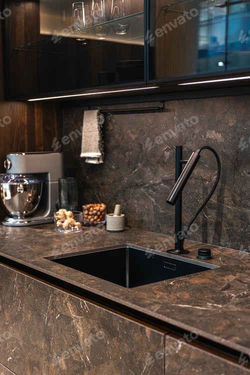 Preview: Modern kitchen with luxurious dark marble countertop.